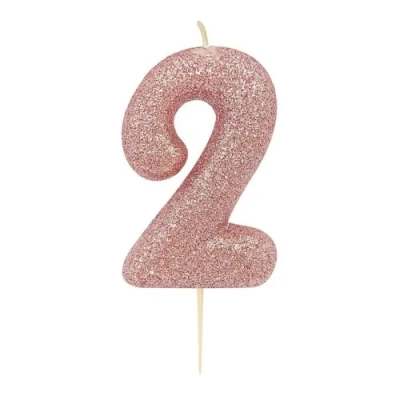 Image of Anniversary House Metallic Rose Gold Glitter Candle, Number 2, 2nd Birthday Cake Topper, 7 Centimeters, AHC50/2