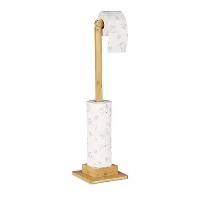 Image of Relaxdays Toilet Roll Holder, Free standing, Narrow, Extra Storage, Bathroom, No Drill, HxWxD 71.5x23.5x19 cm, Natural