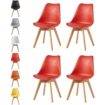 Image of mcc direct Set of 4 Dining Chairs Wooden Legs Soft Cushion Pad Stylish DELUXE Retro Lounge Office EVA (Red)