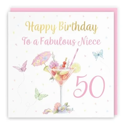 Image of Hunts England 50th Niece Pink Cocktail And Butterflies Birthday Card Luxury Gold Foil Milo&#039;s Gallery Age 50 Drinks, Flowers, Hearts Elegant For