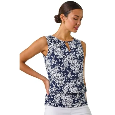 Image of Roman Originals Textured Ditsy Floral Print Top for Women UK Ladies Everyday Holiday Spring Summer Round Neckline Comfy Soft Evening Vacation Work Party Navy Size 18