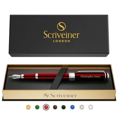 Image of Scriveiner Personalised Deep Crimson Red Pen Stunning Lacquer Luxury with Chrome FinishGerman Schmidt Nib (Medium), Best Engraved Fountain Gift Set for Men &amp; Women, Name Engraving