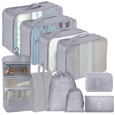 Image of SINZUX 10 PCS Packing Cubes for Suitcase, Grey Waterproof Suitcase Organiser Bags Set, Travel Essentials Bag Storage Suitcases Backpack Carry On Luggage