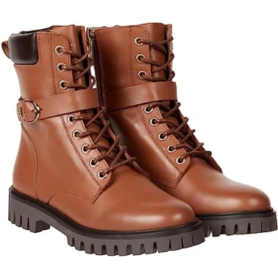 Image of Tommy Hilfiger Women Low Boot Buckle Lace Up Ankle Boots, Brown (Natural Cognac), 5 UK