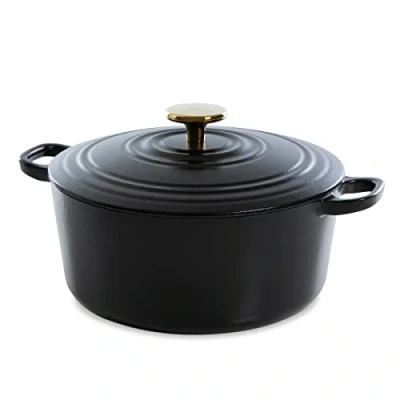 Image of BK Cookware German Enamelled Iron, 28 cm/6.7 Litre Dutch Oven Casserole Dish with Lid, Gold Knob, Induction, Dishwasher &amp; Safe, Pitch Black