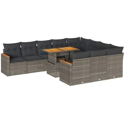 Image of vidaXL 11 Piece Garden Sofa Set with Cushions Grey Poly Rattan Acacia