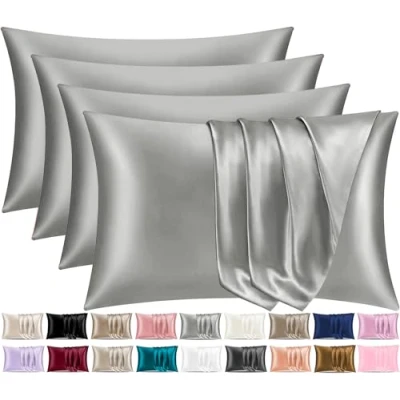 Image of Pamposh Satin Silk Pillowcases For Hair And Skin 4 Pack Standard Size with Envelope Closure (4 Pcs (50 x 75 cm), Grey)