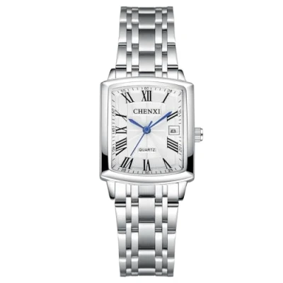 Image of JewelryWe Stainless Steel Square Watch: Silver Analog Quartz Calendar Wristwatch Black Dial Waterproof Casual Business Watches for Men
