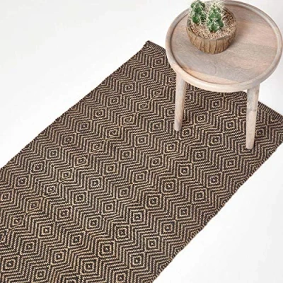 Image of HOMESCAPES Moderna Jute Floor Runner Rug Black and Natural Diamond Geometric Aztec Design 66 x 200 cm Heavy Duty Suitable for Halls, Living Rooms or Conservatories