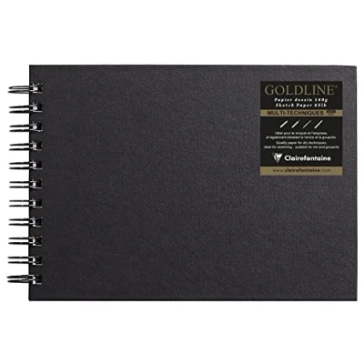 Image of Clairefontaine Ref 34257C Goldline Wirebound Pad (64 White Sheets) A5 Size, 140gsm Paper, Landscape Layout Black Cover Suitable for Dry Techniques