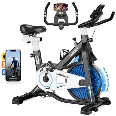 Image of LABGREY Exercise Bike Indoor Cycling Stationary Cycle with Heart Rate Sensor &amp; Comfortable Seat Cushion, Quiet Fitness for Home Cardio Workout (Black Magnetic Bike)