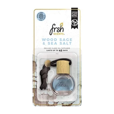 Image of FRSH Scents FR1584 Wood Sage &amp; Sea Salt hanging Deluxe Glass Bottle Air Freshener Lifespan of up to 45 Days Ideal for rear view mirrors and handles Single Pack