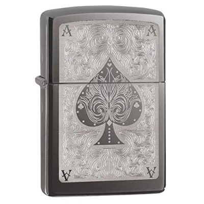 Image of Zippo Windproof Lighter Ace Filigree Black Ice Laser 2 Tone Refillable for Lifetime Use Adjustable Flame Gift Box Metal Construction Made in USA