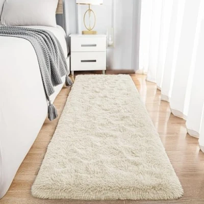 Image of Hafaa Fluffy Rugs for Bedroom Living Room Cream Shaggy Area Anti Slip Super Soft Thick Pile Non Shedding Hallway Runner Rug, 60 x 220 cm