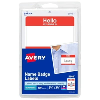 Image of Avery Hello My Name is Tags, White with Red Border, 100 Removable Badges (05140)