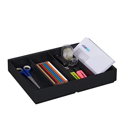 Image of Relaxdays Bamboo Desk Organiser, Office &amp; Home, 4 Compartments, Stackable, Multifunctional, 6.5 x 35 26 cm, Anthracite