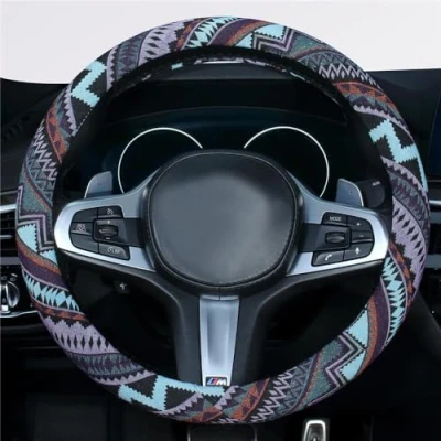 Image of Istn 2018 Ethnic Style Coarse Flax Cloth Automotive Steering Wheel Cover Anti Slip and Sweat Absorption Auto Car Wrap (M, 15&#039;&#039;(fit for mostly cars))