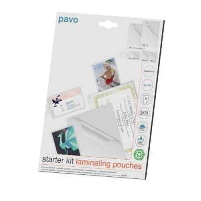 Image of Pavo Laminating Pouches Starterkit, 2x75 mic, Assorted Sizes, (Pack of 55) Glossy
