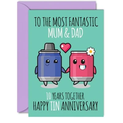 Image of Cute Tin Anniversary Card for Mum &amp; Dad 10 Years Together Happy 10th Wedding Cards Mum, A5 Greeting Tenth Anniversaries