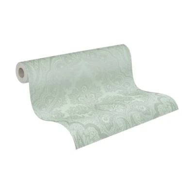 Image of Livingwalls My Home Spa 387081 Baroque Non Woven Wallpaper Eucalyptus Green Ornament Glitter 10.05 x 0.53 m Made in Germany, Eucalyptus, Green, Silver