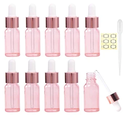 Image of Alledomain 10Pcs, 5ml Rose Gold Glass Bottles with Dropper Pipettes, Mini Empty Metal Cap Refillable Sample Container for Essential Oil/Aromatherapy Blends/Chemical Liquid