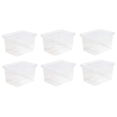 Image of 6 x 25L Plastic Storage Boxes Crystal Clear Box &amp; Lid Suitable for all around the Home Office and Workplace Stackable Nestable Large Strong 42.50 33.00 25.50 cm