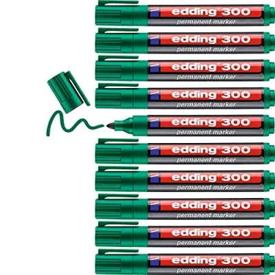 Image of edding 300 permanent marker green 10 pens round tip 1.5 3 mm waterproof, quick drying, smear proof for cardboard, plastic, glass, wood, metal and fabric