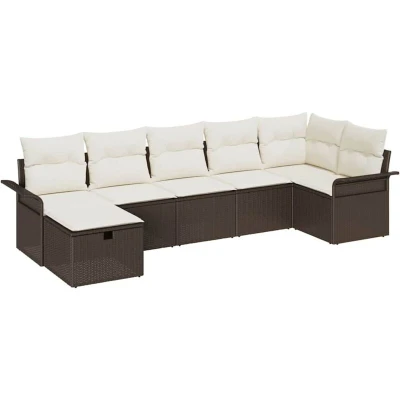 Image of vidaXL 7 Piece Garden Sofa Set with Cushions Brown Poly Rattan