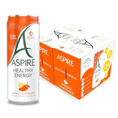 Image of ASPIRE Mango Lemonade Healthy Energy Drink 12 x 330ml Cans Zero Calories &amp; Sugar Natural Plant Based Caffeine Vegan Gluten Free…