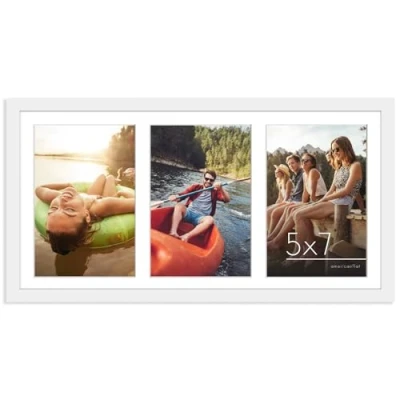 Image of Americanflat 8x16 Panoramic Picture Frame in White Three 7x5 Photo Openings Multi Aperture Collage with Horizontal and Vertical Format for Wall Tabletop