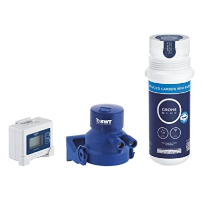 Image of GROHE Blue Under Sink Water Filter Activated Carbon Starter Set (Filter Head, Flow Meter for Lifetime Measurement, Capacity 1500 L), Use Pure Kitchen Taps, 41136000