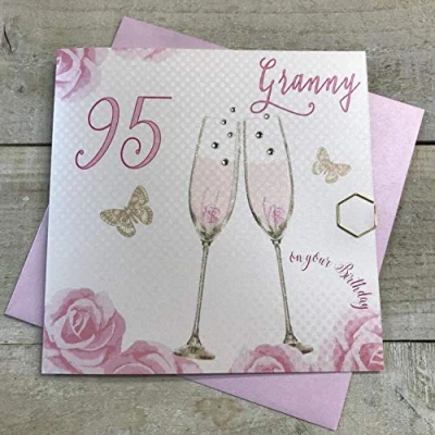 Image of Happy 95th Birthday Card Granny Champagne Glasses Pink Roses by White Cotton Cards SS42 GNY95