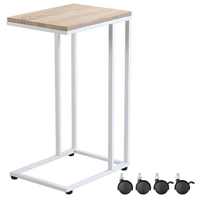 Image of CASARIA® Rolling Side Table Desk with Castors 50x35cm Over Sofa Stable Coffee Stand Living Room Bed Bedside Top Laptop Work Surface Wood Metal White