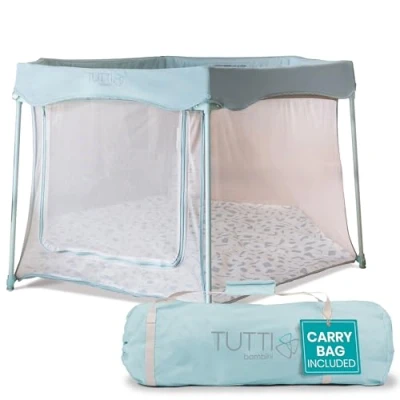 Image of Tutti Bambini Baby Playpen Foldable for and Toddlers with Mesh Walls, Zip Door, Floor Mat &amp; Travel Bag, 135 x 75 cm (Ocean Stone) New 2025 Version