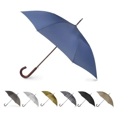 Image of Tote&#039;s Men&#039;s Eco Auto Open Wooden Handle J Stick Umbrella, Blue, One Size,