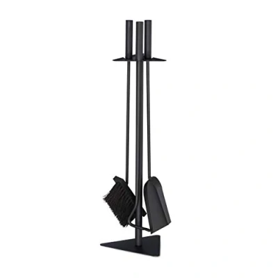 Image of Relaxdays 4 Piece Fireplace Companion Tool Set Shovel, Brush, Poker &amp; Holder, Modern Design, Black, 80% Steel Wood 10% Plastic, 60 x 18.5 16.5 cm