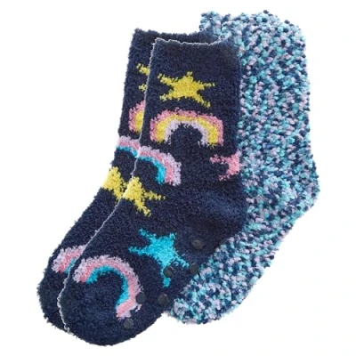 Image of WS AW23 Girls 2 Pairs Fluffy Snuggle &amp; Popcorn Socks Cosy Bed Non Slip Stars Designs Blue 9 12