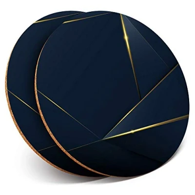 Image of 2 x Round Blue Gold Pattern Art Cork Backed Coasters Home Kitchen Accessory Tea Coffee Mug Mat #3022