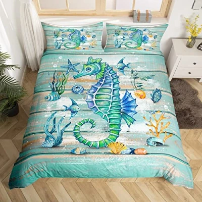 Image of Homewish Ocean Comforter Cover Single Blue Green Hippocampus Kids Bedding Set For Boys Girls Animal Duvet Starfish Shell Fishes Bedspread Underwater World Room Decor 1 Pillow Case