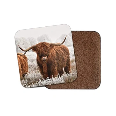 Image of 1 x Highland Cow Coaster Cattle Scotland Hairy Fluffy Bull Snow Winter #14591