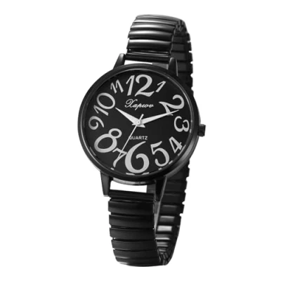 Image of JewelryWe Ladies Elastic Band Watch: Women&#039;s Whilte Large Dial Waterproof Easy to Read Numbers Stainless Steel Bracelet Stretch Strap Big Number Analog Quartz Wrist Watch