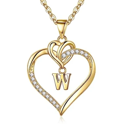 Image of TINGN Gold Heart Initial Necklaces for Women Girls, 14K Plated W Necklace Dainty Girls Cute Jewelry Gifts