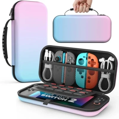 Image of MoKo Carrying Case for Nintendo Switch 2(2025), Protective Hard Shell Portable Travel Carry Pouch Holds 10 Cartridges with Pockets 2 Accessories and Games, Blue Pink