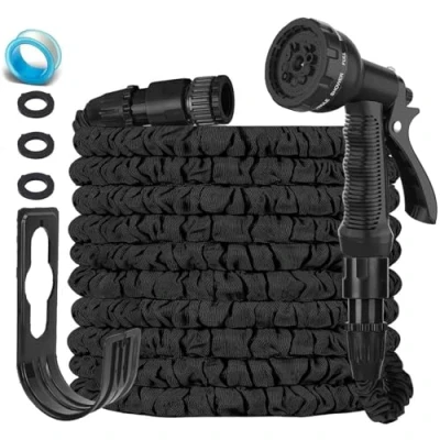Image of LINGKY 100FT Expandable Garden Hose Pipe Flexible Water with 3/4&quot;, 1/2&quot; Fittings, Expanding Magic Hose, 8 Function Spray Nozzle, Latex Core Hosepipe Anti Leakage