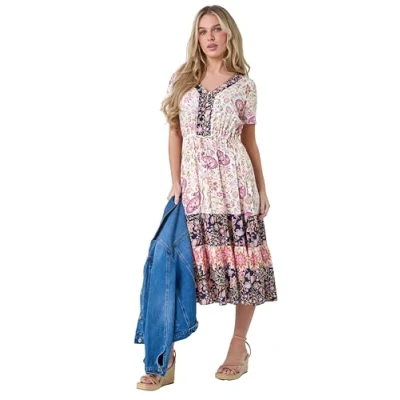 Image of Roman Originals Shirred Waist Dress for Women UK Ladies Midi Maxi Summer Spring Tiered Frill Hem Short Sleeve V Neck Button Through Boho Bohemian Gypsy Holiday Petite Light Pink Size 16