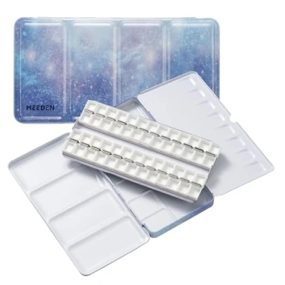 Image of MEEDEN Empty Watercolor Tin Palette Paint Case, Large Purple Galaxy Metal Box with 52 Pcs Half Pans