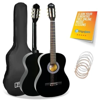 Image of 3rd Avenue 3/4 Size Kids Classical Guitar Spanish Nylon String Beginner Pack Bundle 6 Months FREE Lessons, Bag, Strings Black