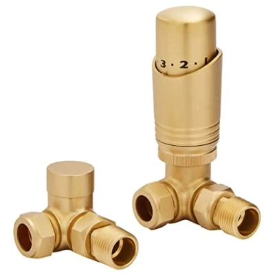 Image of Brushed Brass Thermostatic Radiator Valve Angled TRV Corner Thermostat Valves (Corner)