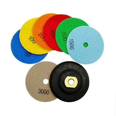 Image of SHDIATOOL Dry Diamond Polishing Pads 7PCS Set Mixed Grits and a M14 Rubber Pad Attachment for Granite Marble Stone Ceramic Dia 4 Inch 100mm