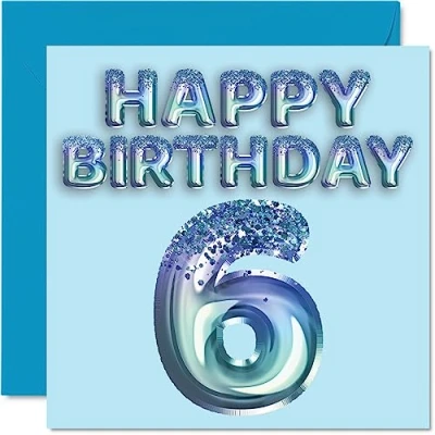 Image of 6th Birthday Card for Boys Blue Glitter Party Balloon Happy Cards 6 Year Old Boy Grandson Son Brother Nephew, 145mm x Six Sixth Bday Greeting Gift